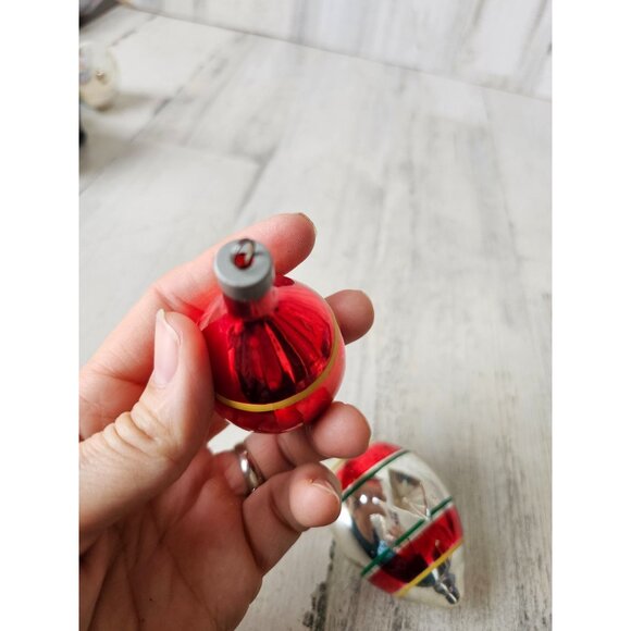 Antique diamond indent teardrop red striped green mercury glass ornament Xmas se - Picture 8 of 14